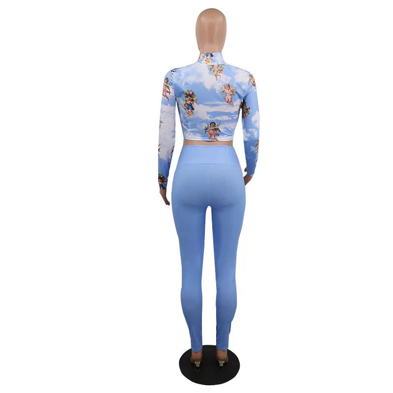 

2 Pieces Cartoon printed Suits Long-sleeve stand collar short tops + Skinny trousers bow knot tops Hip pants female suits Casual