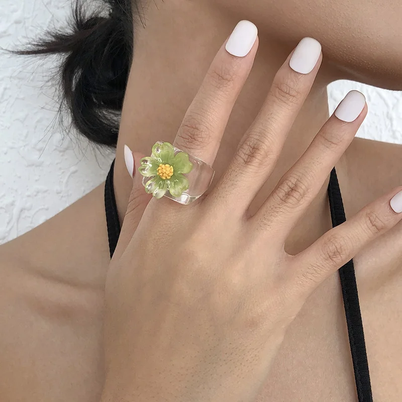 

2021 New Funny Cute Colorful Acrylic Resin Flower Ring Transparent Women Girls Party Jewelry Gifts Geometric Ring Vintage Ring
