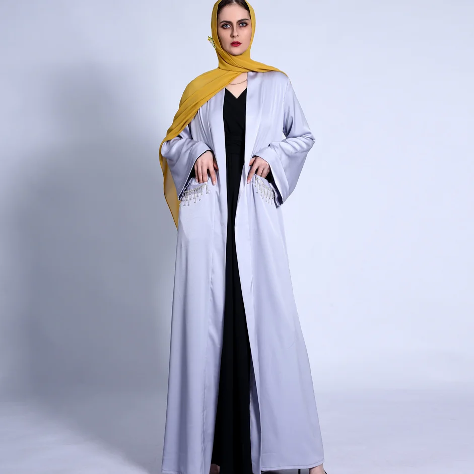 Новинка 2021, Рамадан, атласный кардиган с широкими манжетами, кружевные бахромой и алмазными карманами, шикарное женское платье Дубая Ближне...