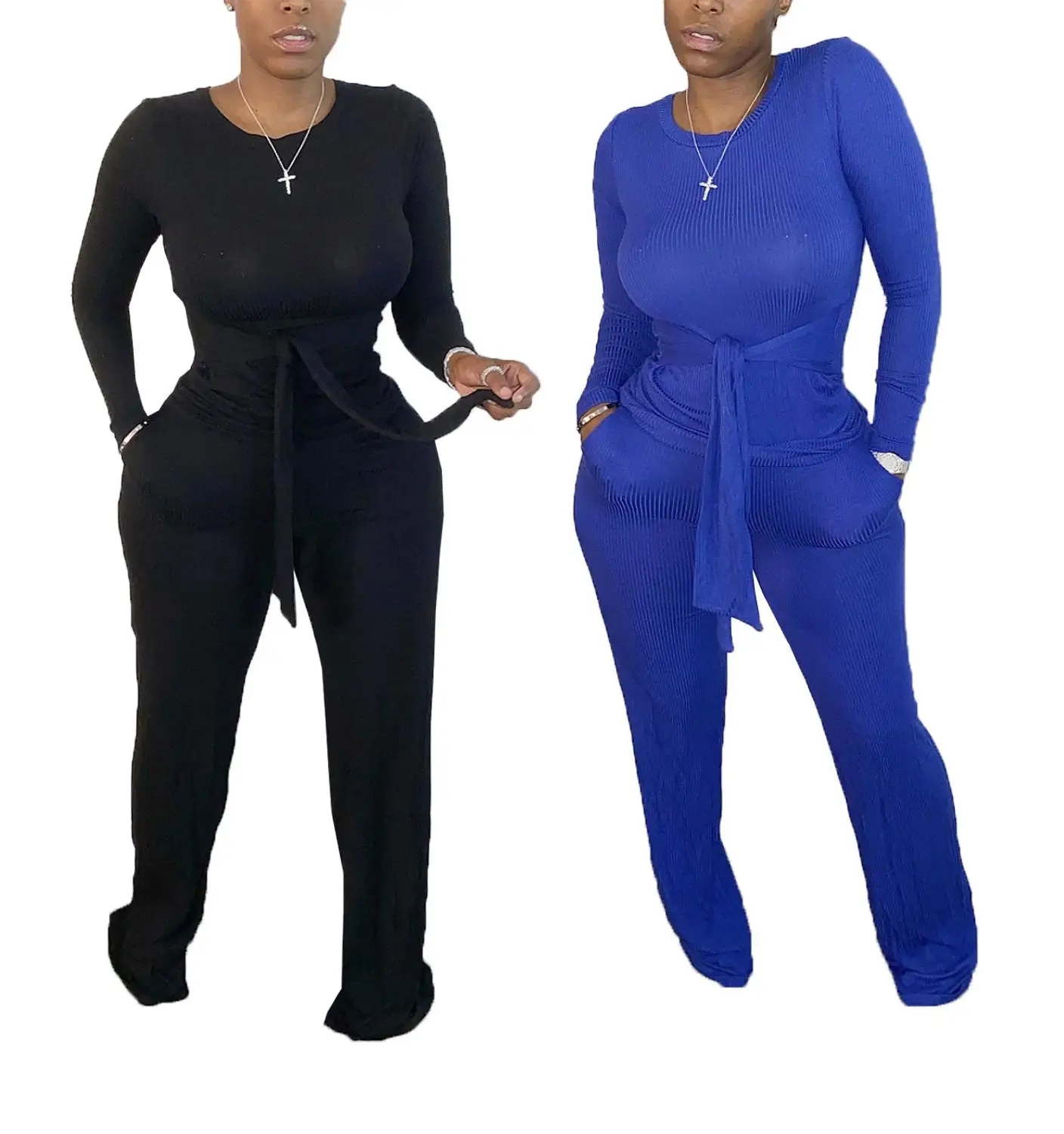 

Comfortable Home Wear Women Autumn Solid Color Two Piece Sets Casual O-Neck Full Sleeve Lace-Up Tees High Waist Loose Pants Sets