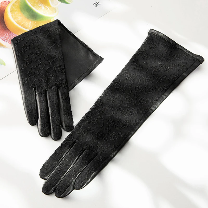

New 2021 Genuine Leather Women Gloves Fashion Elegant Lady Embroidery Lace Sheepskin Gloves Unlined Casual Long Style Sun Glove