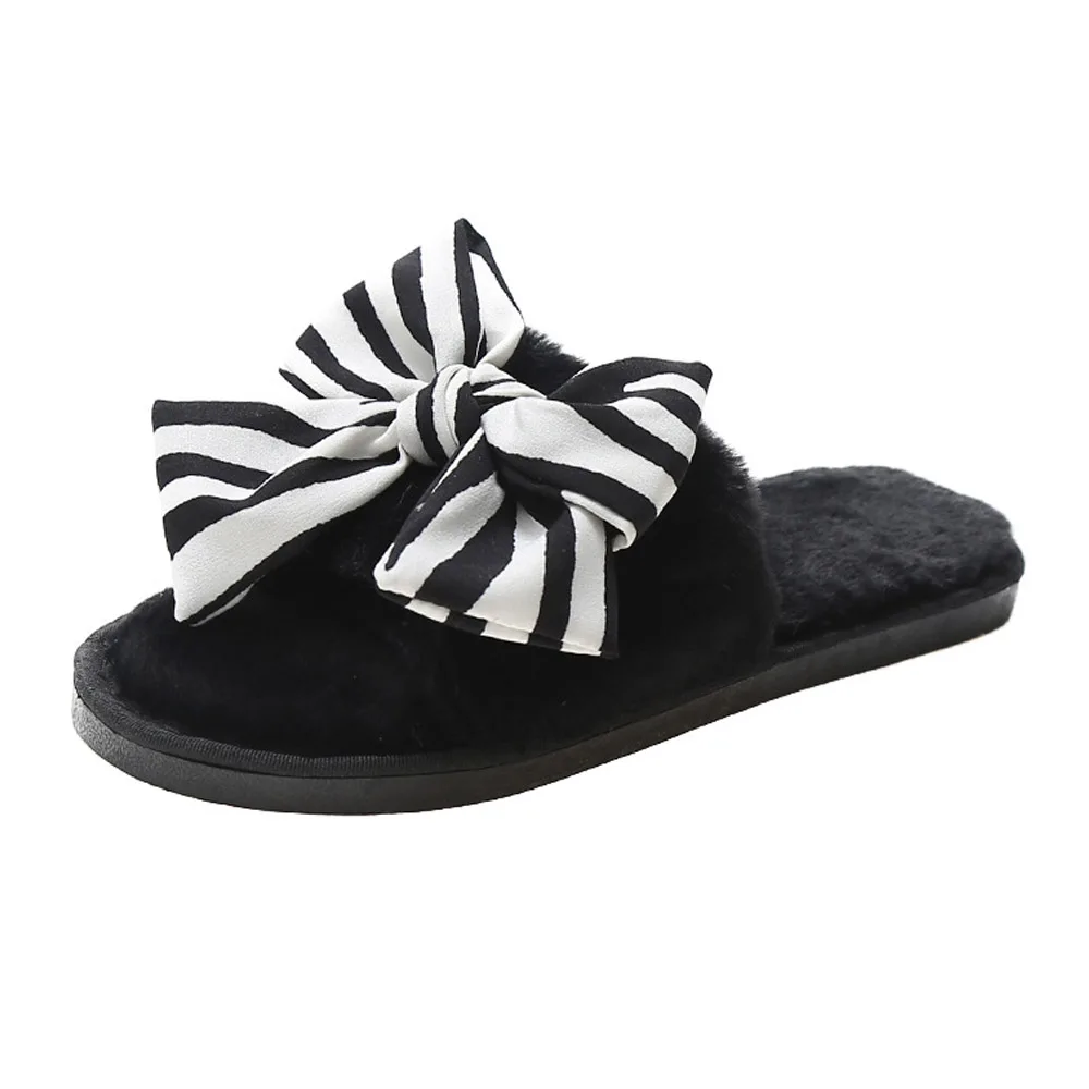 

Elegant Women's Striped Butterfly-Knot Plush Shoes Winter Comfort Flat Home Indoor Cotton Slippers Girls Lovely Furry Slides