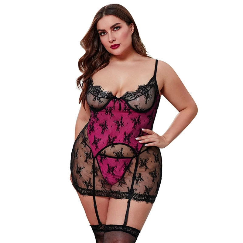 

Women Plus Size Pajamas Perspective Lingerie Lace Nightgown Sexy Sleepwear Trim Lingerie