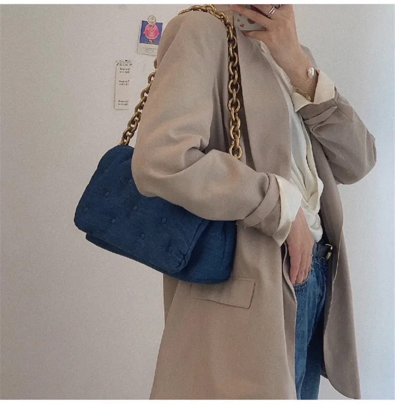

Za Women 2021 Retro Denim Underarm Bag Luxury Famous Brand Fashion Shoulder Bag Crossbody Metal Thick Chain Female Handbag