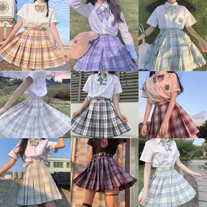 JK School Girl Uniform Pleated Skirts Japanese High Waist A-Line Plaid Skirt Sexy Uniforms for Woman Full set |