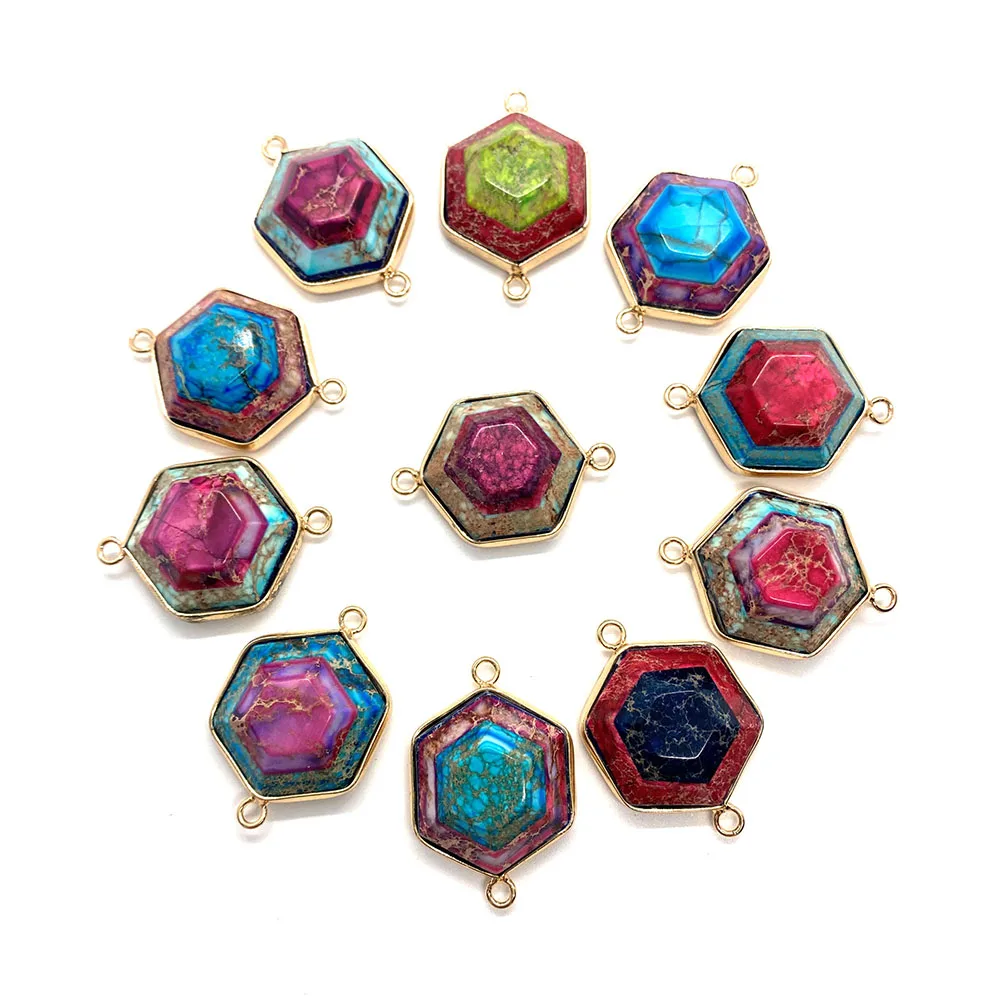 

Hexagonal Shape Natural Stone Pendant Connector Monarch Stone Double Hole Bead DIY Handmade Jewelry Bracelet Jewelry Accessories