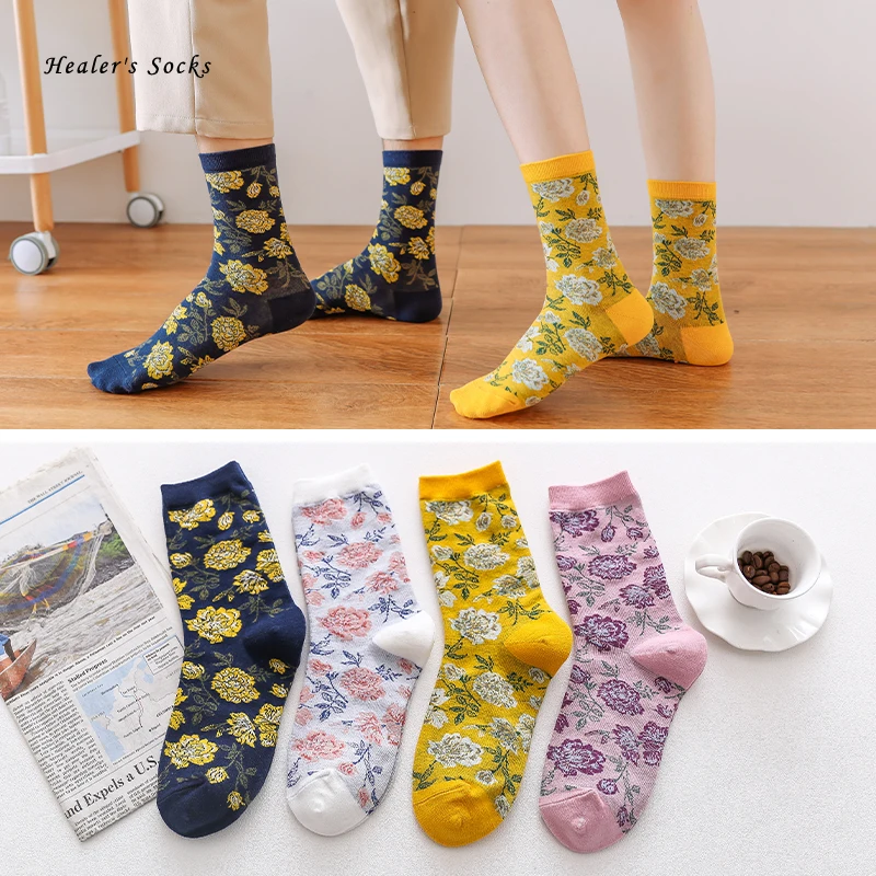 

New Fashion Couples Men and Women Socks Cotton Funny Color Peony Flower Soft Happy Cute Harajuku Ladies Casual Girls Tube Socks