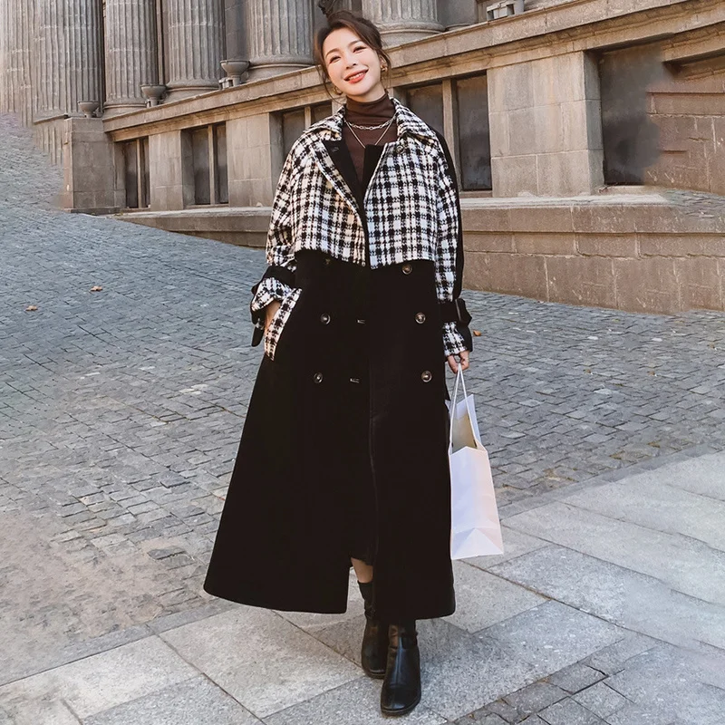 

Women's Woolen Coat Winter New Temperament Plaid Loose Thick Lapel Double-breasted High-end Fashion Casual Quality Ladies Cloak