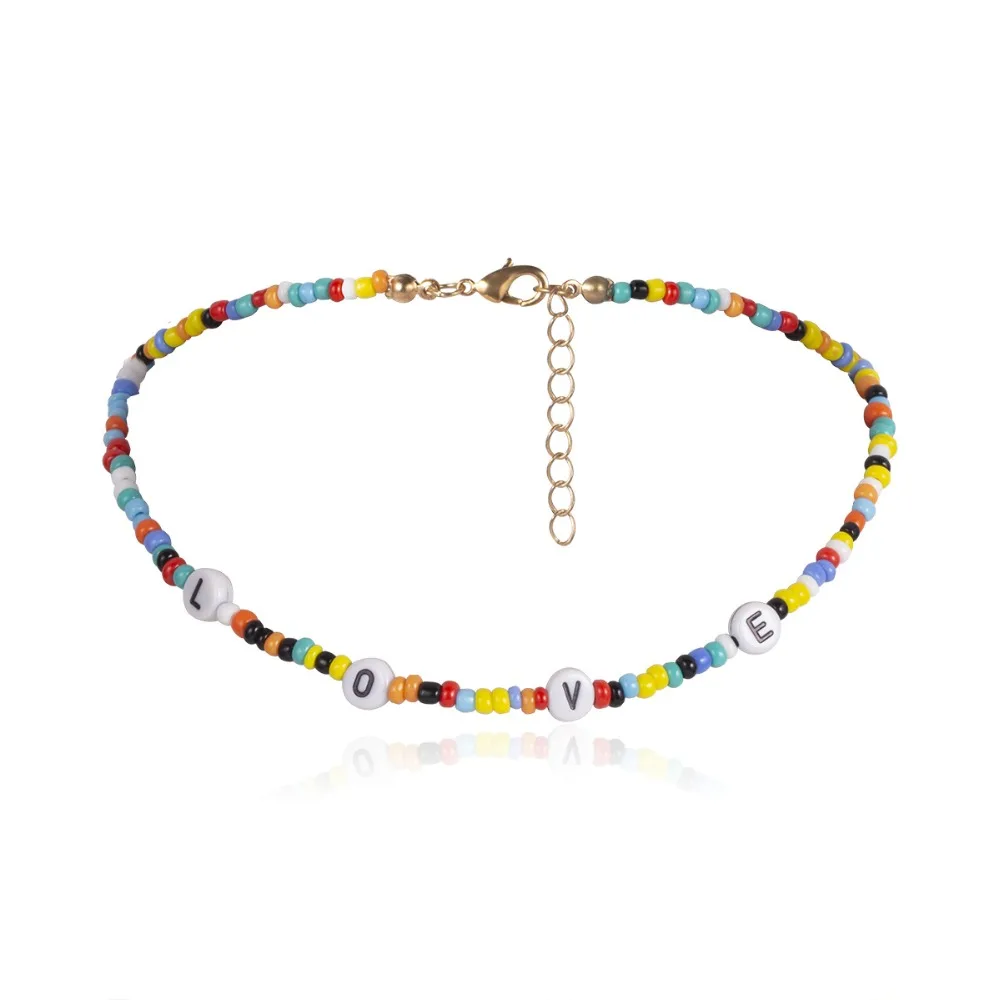 AOMU Simple Geometric Handmade Beading Double Layer Necklace Letter Love Necklace For Women Fashion Boho Jewelry