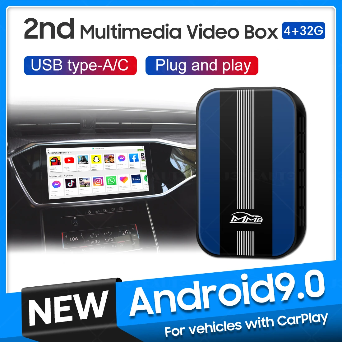 

MMB Wireless Apple Carplay Dongle For Audi A3 A4 A5 Q2L Q3 Q5L Q7 Q8 RS7 RS3 RS4 Android 9.0 System GPS Multimedia Video Player