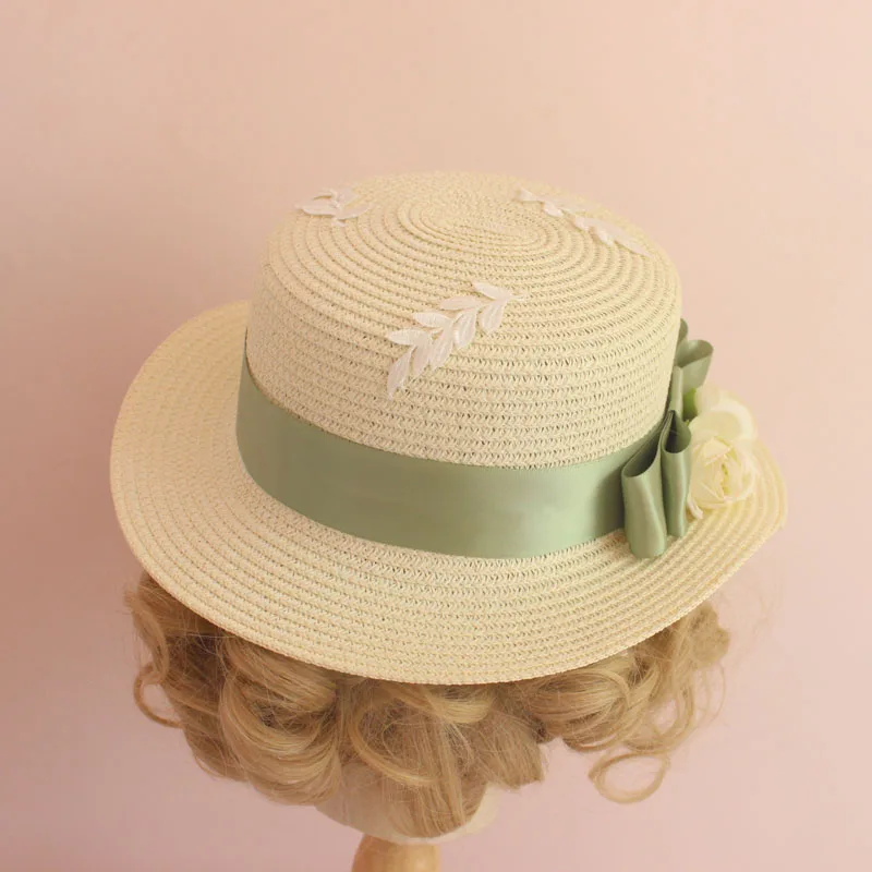 Lolita Flower Elegant Princess Bow Ribbon Summer Straw Hats Women's Beach Sun Hat Japanese Mori Girl Kawaii Hanmade Cap |