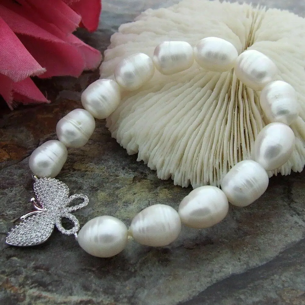 

10-13mm White Natural Pearl Bracelet Butterfly clasp 7.5-8"