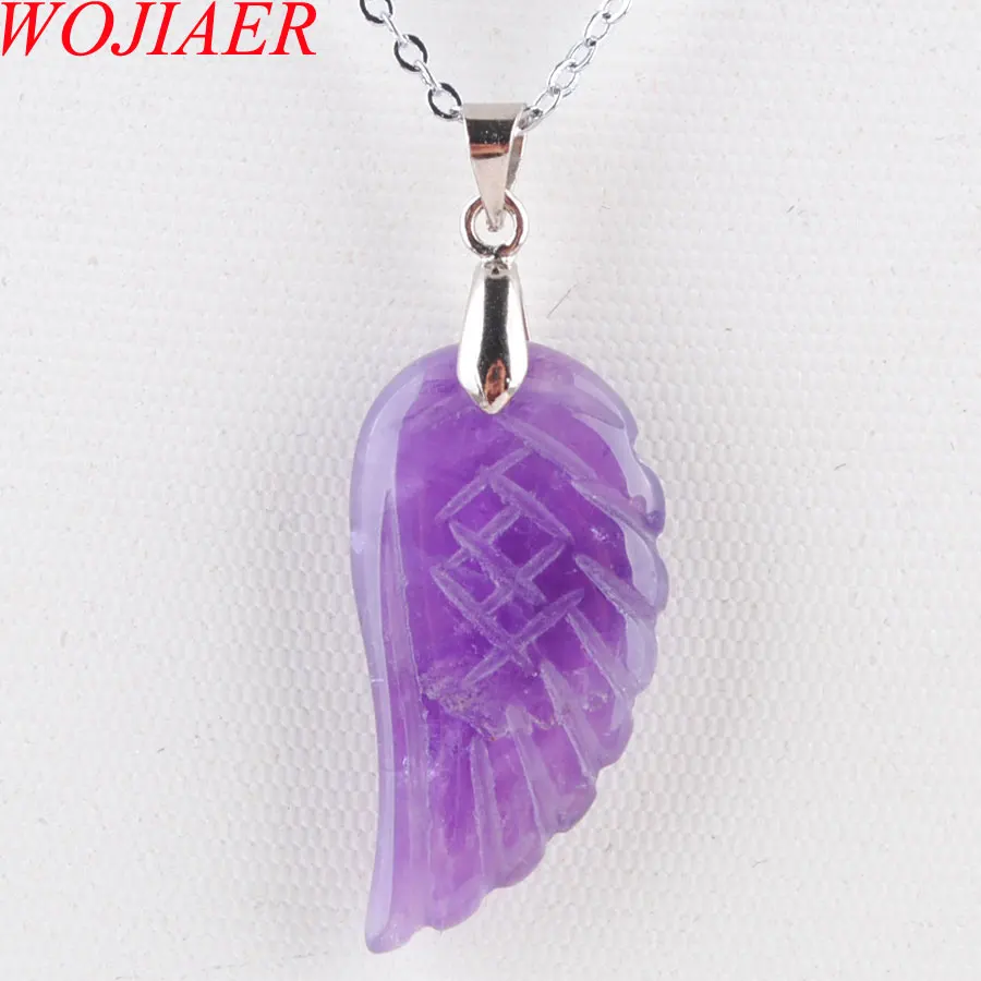 Amethyst Pendant Натуральные драгоценные камни, бусины крылья посеребренные Рейки чакра кулон ожерелье 18 дюймов WOJIAER PBN358 - Окраска металла: Amethyst Pendant