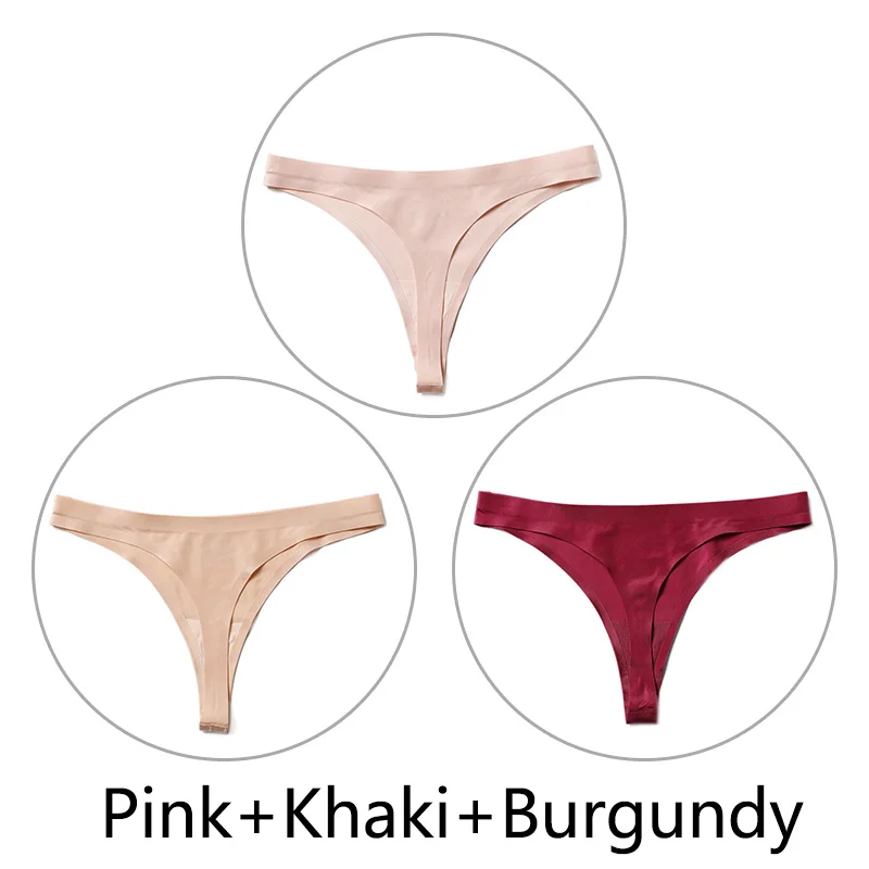 Pink-Khaki-Burgundy 3 шт./партия, Сексуальные Бесшовные прозрачные трусики, женские трусики с низкой талией, трусики-стринги, нижнее белье, женские трусы-танга, стринги большого размера - Цвет: Pink-Khaki-Burgundy