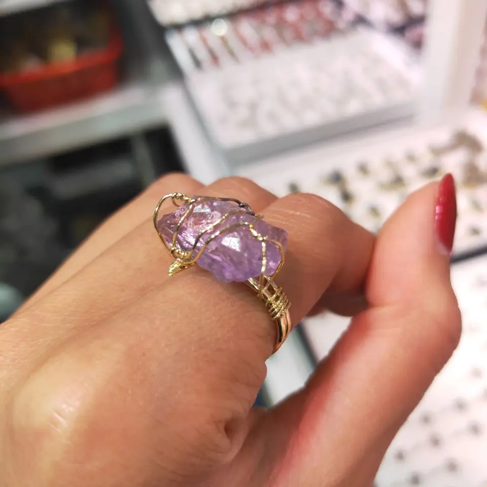 

Natural Rock Mineral Quartz Stone Women Rings Resizable Healing Amethysts Fluorite Crystal Finger Ring