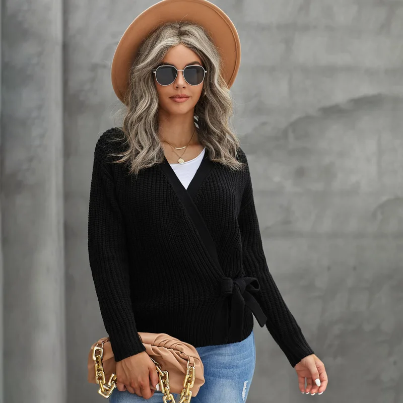 

V-Neck Sweater Female Autumn Winter New European and American Solid Cross Bow Sexy Long Sleeve Top