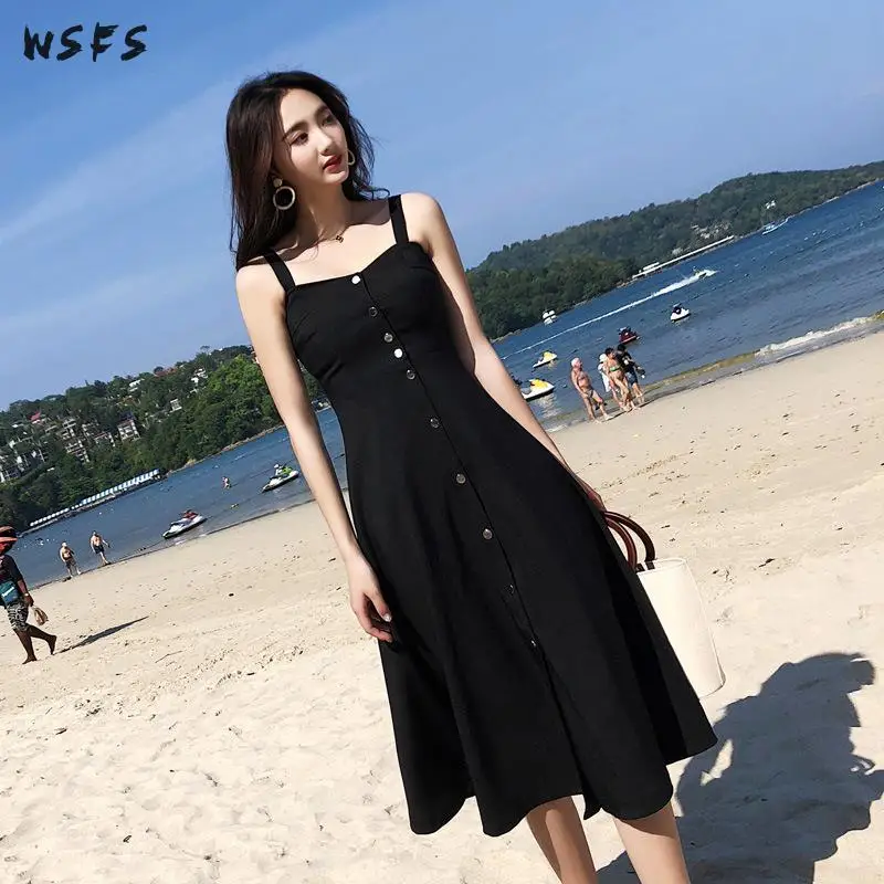 

Summer Midi Dresses Yellow Black Spaghetti Strap Long Womens Dress 2019 Slim Elegant Casual Beach Office Ladies Sexy Party Dress