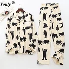 Женский пижамный комплект с милым белым медведем из 2021 хлопка с начесом, Весенняя Повседневная модная одежда для сна с животными, домашняя одежда, пикантная Пижама для женщин, 100%