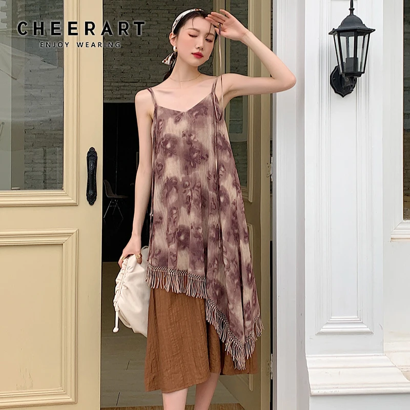 

CHEERART Vintage Summer Tassel Slip Dresses For Women 2021 Asymmetrical Backless Brown Print Spaghetti Strap Dress Fashion