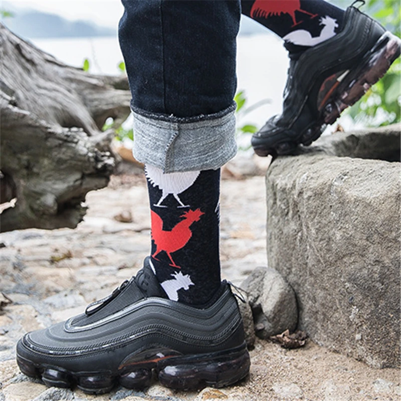 Мужские жаккардовые носки Харадзюку с надписью «Happy Socks», уличные абстрактные геометрические носки с изображением петуха, Листьев, стрелы, голени, хип-носки, Прямая поставка
