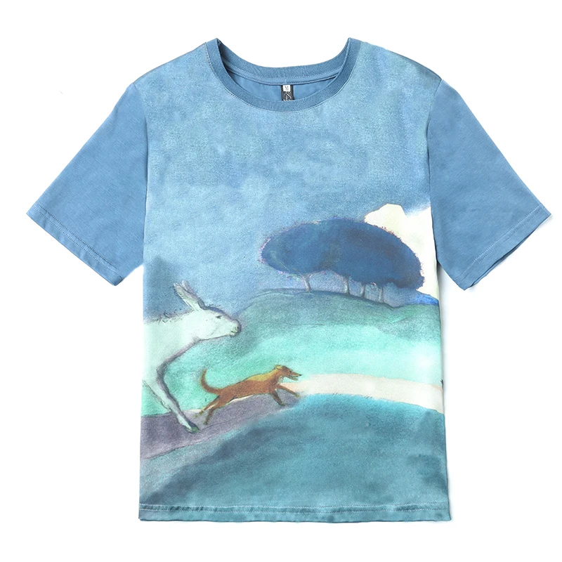 

Summer Korean Cotton T-shirts for Women Tree Pattern Vintage Satin Tops for Women Short Sleeves Loose Office Lady Shirts