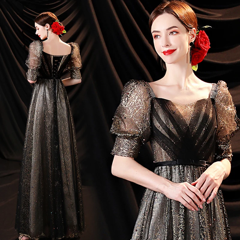 

Black Mesh Puff Sleeve Beading Party Wedding Evening Long Party Birthday Dresses for Women