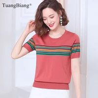 rainbow striped summer thin short sleeve cotton pullover 2021 women o neck red black knitted tops casual elasticity green jumper