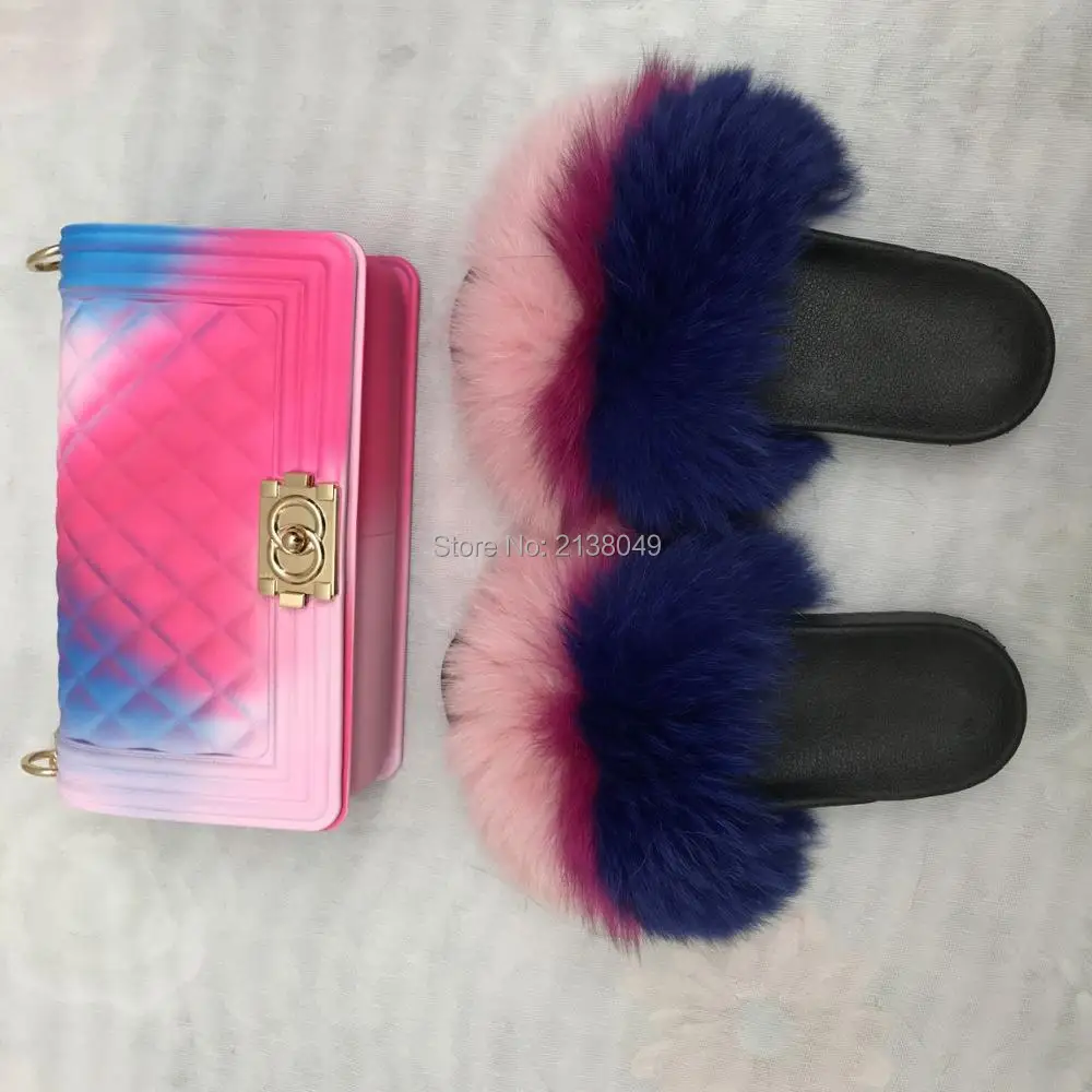 Прямая поставка с фабрики Меховые тапочки на заказ Шлепанцы и сумочка в