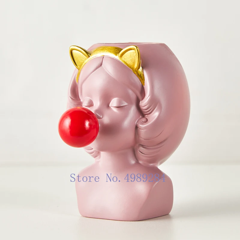 

Nordic Creative vase Human head lovely Bubble Gum Girl rabbit Cat Flower arrangement Modern home decoration flower pot wedding