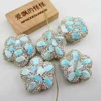 wholesale 3 pcs flower shape cz pave silver rhinestone pave blue larimar beads jewelry findings