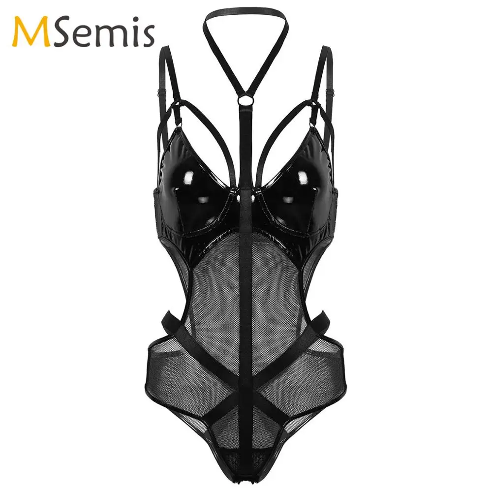 

Womens Lingerie Patent Leather Bodysuit See Through Mesh Sheer Patchwork Halter Neck Deep V Front Cut Out Waist Leotard Bodysuit