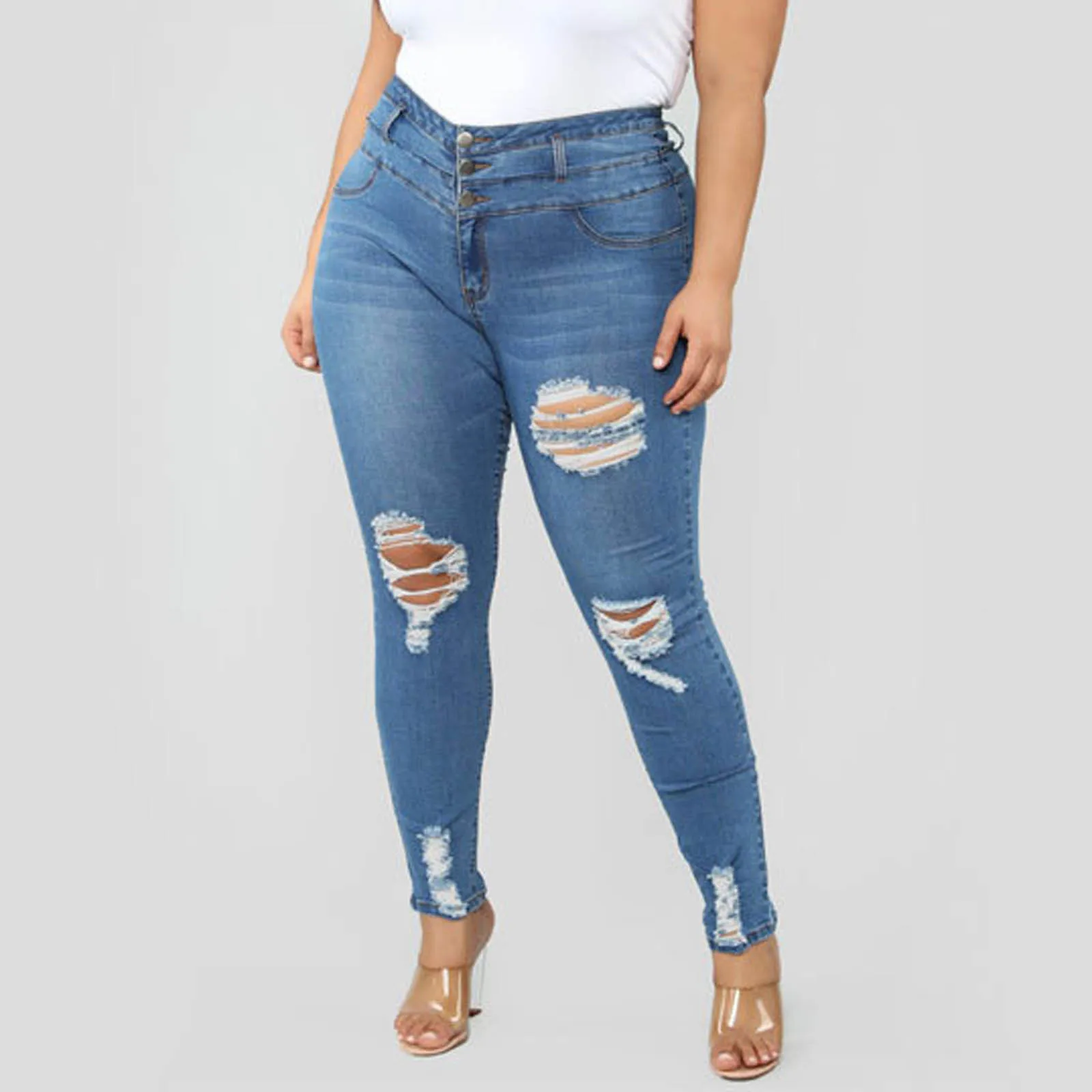 

Светильник-голубые рваные джинсы для женщин 2021 уличный стиль пикантные состаренные брюки с высокой талией Стрейчевые облегающие джинсовые...