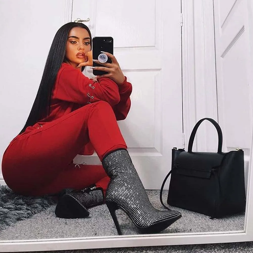 

BONJOMARISA INS Hot Female Sexy Rhinestone Zipper Ankle Boots High Heels Pointed Toe Boots Women Autumn Party Shoes Woman