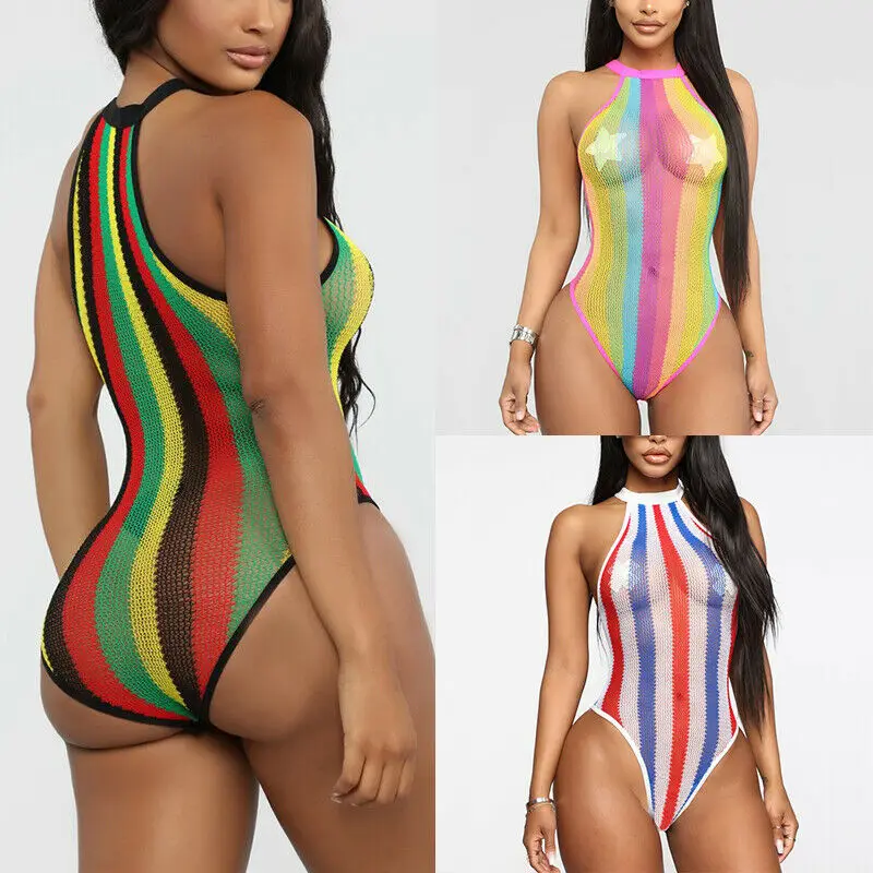 

Women's One-Piece Striped Swimsuit Sexy Gathered Swimsuit Perspective Bathing Bikini