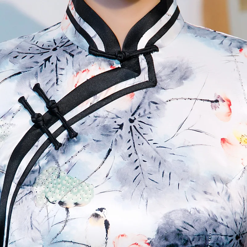 

Ink Painting Print Elegant Long Qipao Female Vintage Button Trim Sexy Slim Chinese Dress Mandarin Collar Short Sleeve Cheongsam