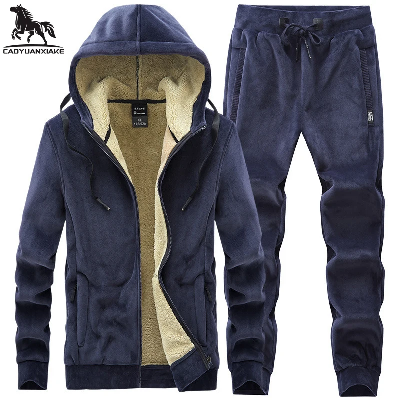 Tracksuit men Set L-6XL 7XL 8XL Men's 2 pieces Sets winter New middle aged casual Clothing Tracksuits Silver fox lamb wool Set