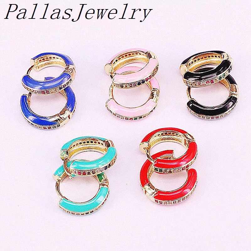 

6Pairs, Mix Color Enamel and Rainbow CZ Pave Earrings Top Quality Golden Jewelry For Women Girl