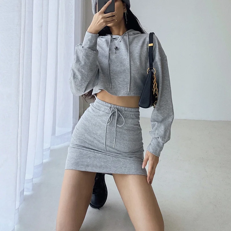 

WOMENGAGA Spring Autumn Sports Mini Skirt Two Piece Suit Women Loose Top Pullover Hooded Sweatshirt Casual Workout Clothes 70UQ