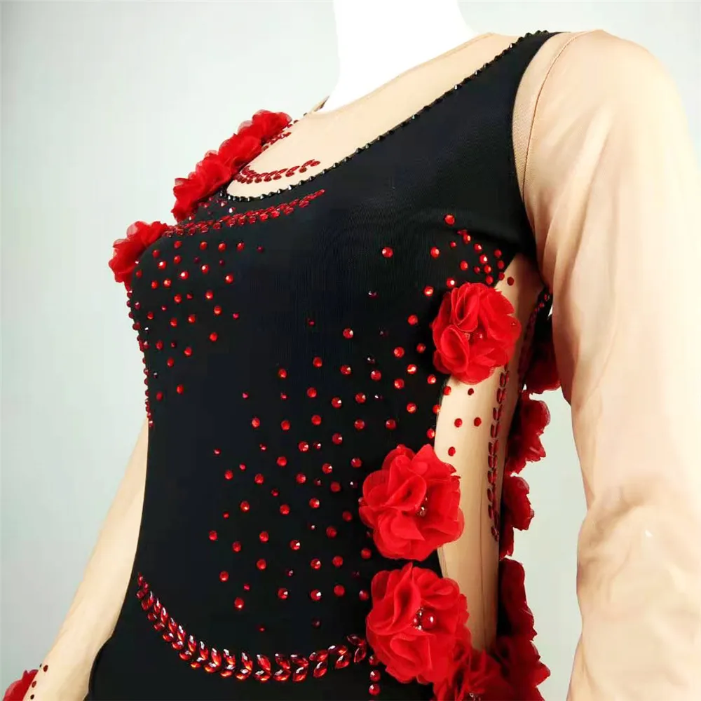 Платье для фигурного катания LIUHUO женское ледяное черно красное с длинным рукавом