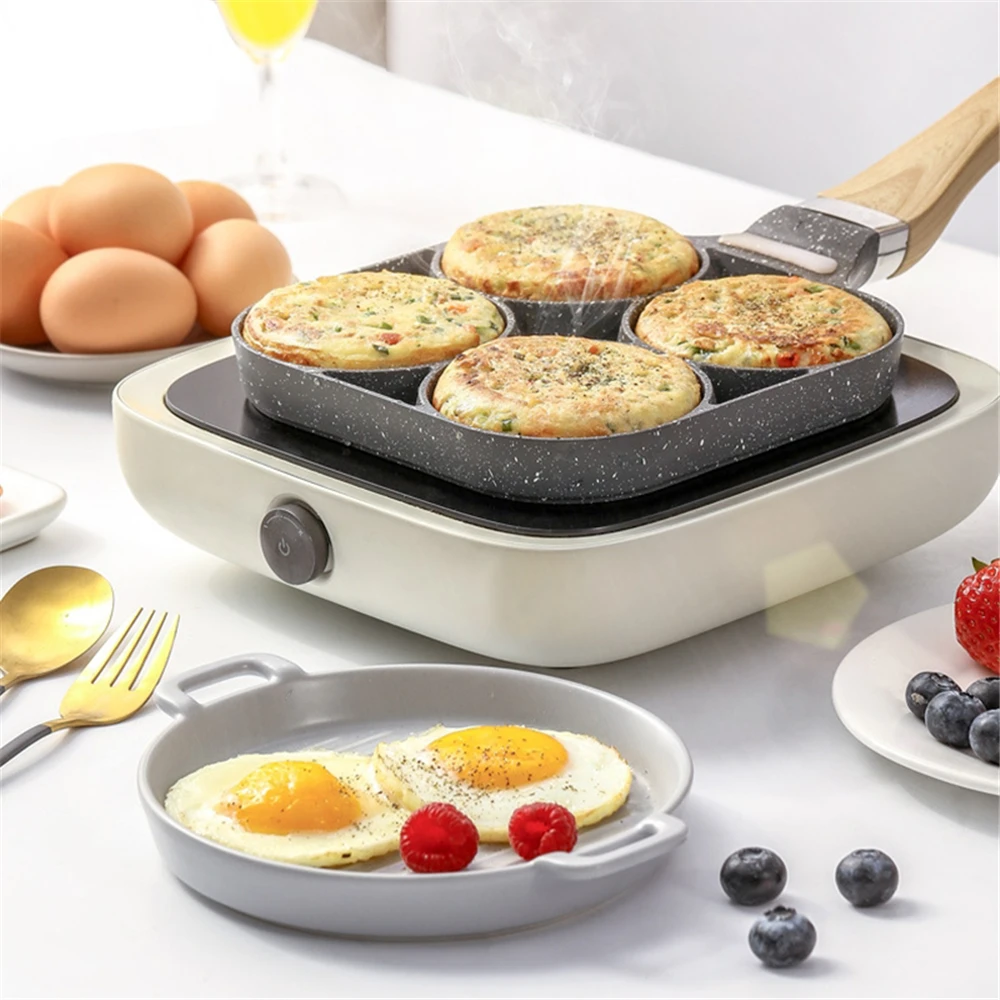 Fry Pan for Eggs Non Stick Ham Pancake Maker Egg Burger with Wooden Handle 4 Hole Induction Cooker Gas Stove | Дом и сад
