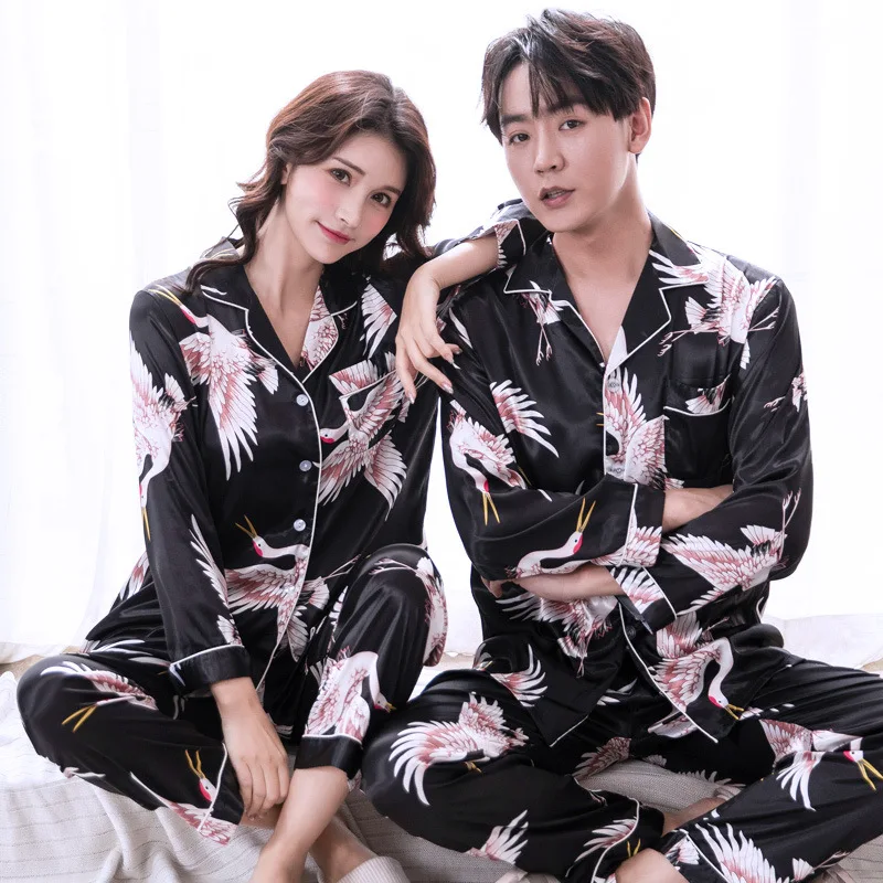 

Couples Pajamas Set Print Crane 2PCS Nightwear Sleep Set Spring Autumn Casual Soft Bathrobe Sleepwear Silky Satin Home Clothes
