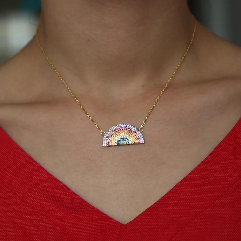 2021 High Quality 925 Sterling Silver Rainbow Shape Pendant Necklace With Colorful Zircon For Women Charm Delicate Jewelry Gifts | Украшения