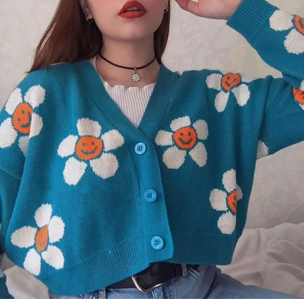

Flower Print Knit Female Sweater Cardigan Women Pull Long V Neck Oversized Cute Symbol Vintage 2020 Winter Women's Jackets