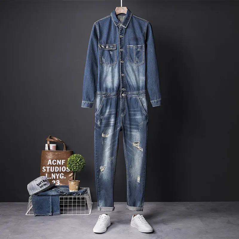 2020 Long Sleeve Ripped Jeans Jumpsuit for Men Work Wear Denim Bib Overall Mens Vintage Romper Male Retro One Piece Jumpsuits