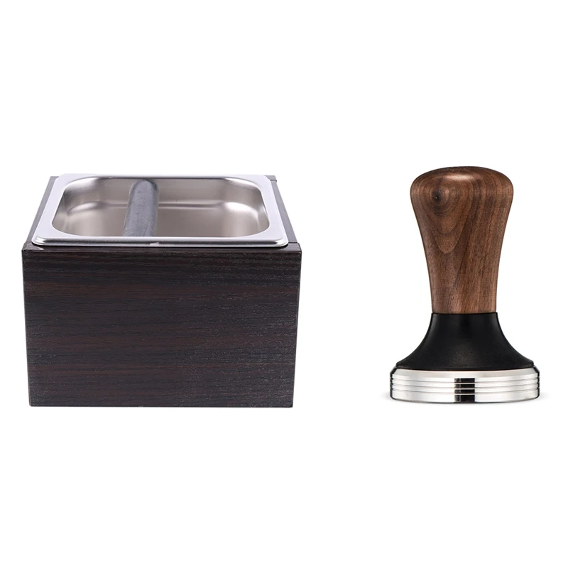 

1 Pcs Wood Trash Can Coffee Knock Box Espresso Grounds Container Residue & 1 Pcs Wooden Holder Coffee Tamper