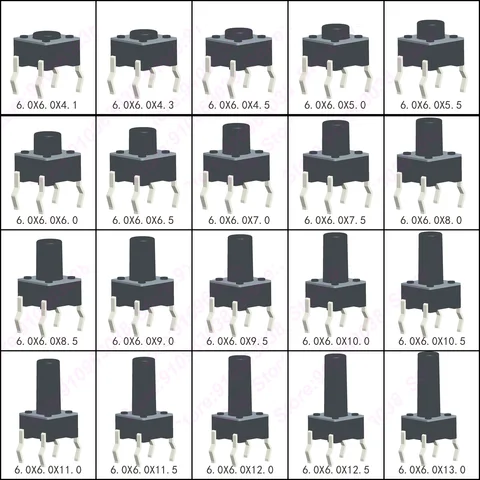 Тактовый выключатель, 50 шт., 6x6x4,3/5,5/6/7/8/9/10/13 мм, 12 В, 4 контакта