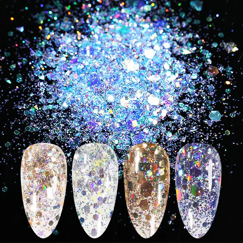 

8 Boxes/Set 3D Nail Art Powders Sparkly Hexagon Nail Glitter Flakes Sequins Blue Silver Diy Decoration Polish Tools