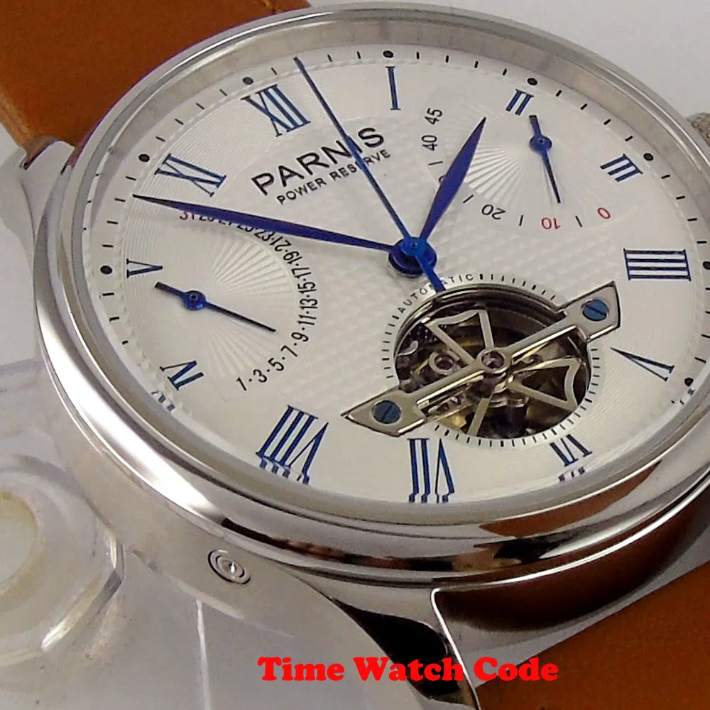 Мужские автоматические часы PARNIS с маховиком белый циферблат индикатор заряда даты полированные синие