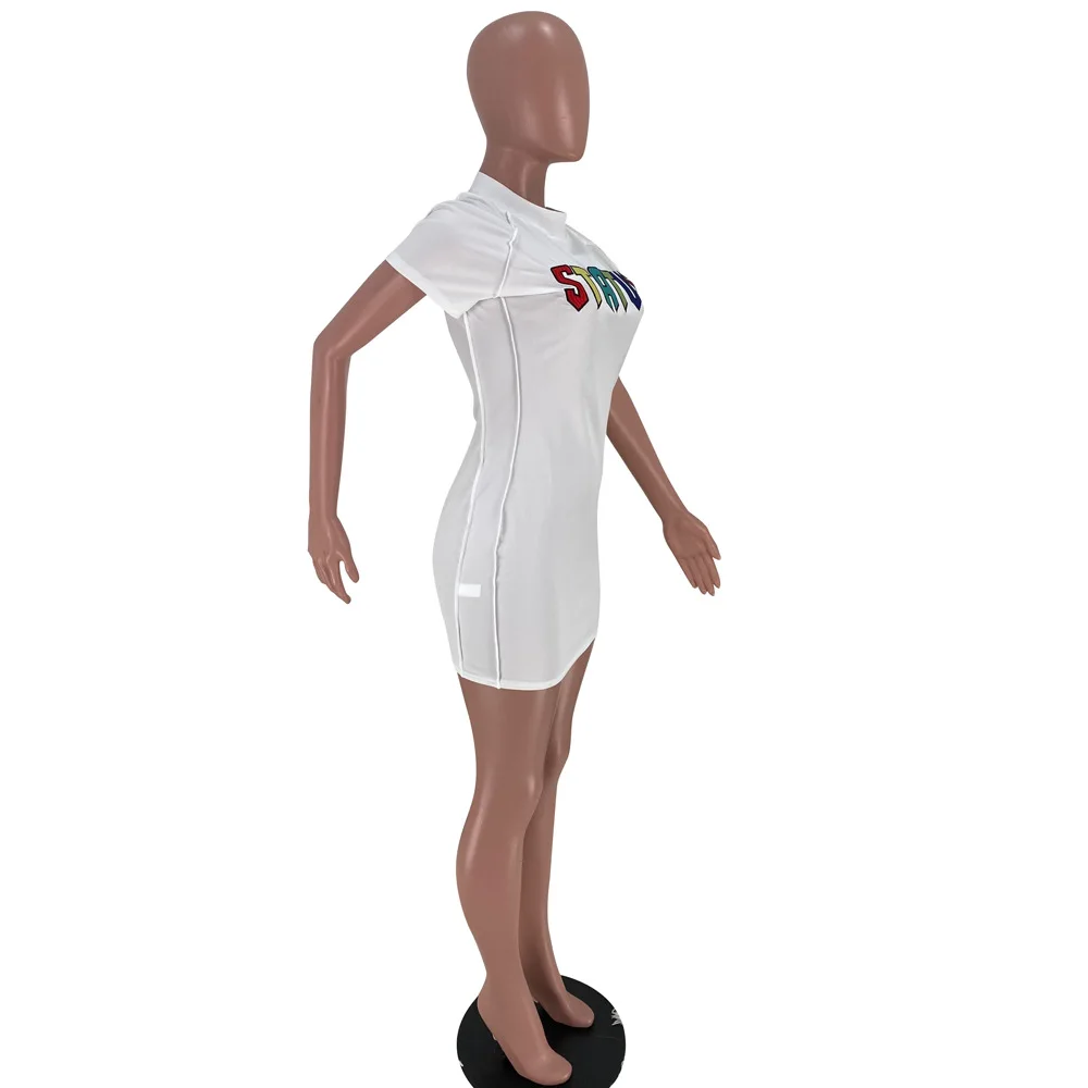 

RStylish Letter Embroidery Mini Dress 2021 Summer Sexy O Neck Short Sleeve Club Bodycon Women Dresses Sporty Hip-Hugging Skirts