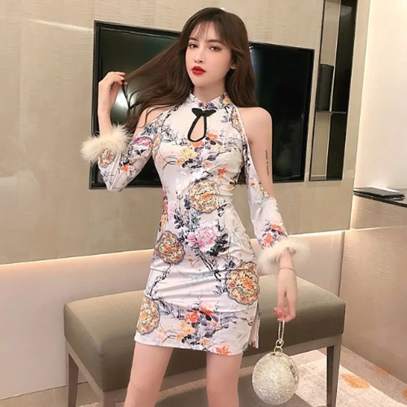 

Elegant Retro Qipao Winter Fur Retro Cheongsam Korean Fashion Women Sexy Wedding Party Dress Chinese New Year Oriental Clothing
